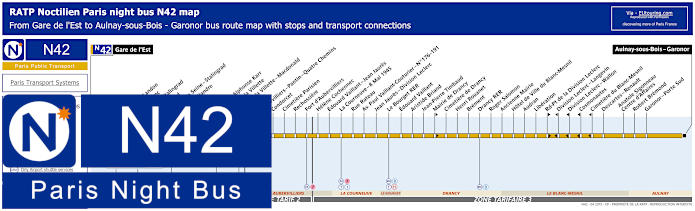 Paris Noctilien night bus line N42 map with stops and connections