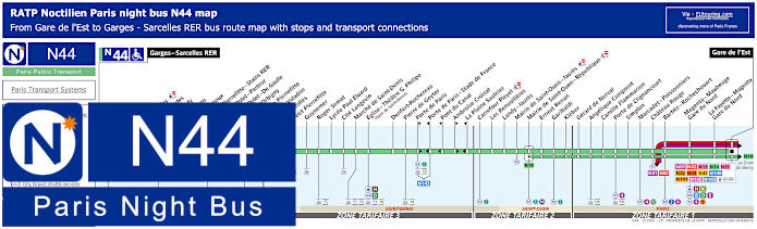 Paris Noctilien night bus line N44 map with stops and connections