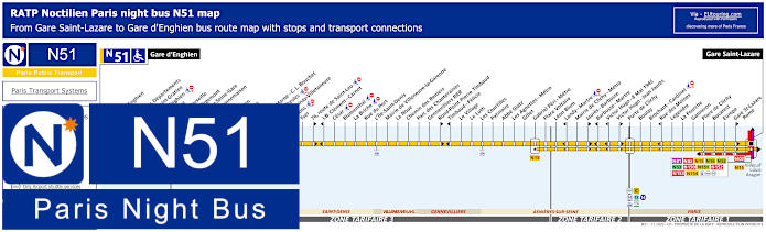 Paris Noctilien night bus line N51 map with stops and connections