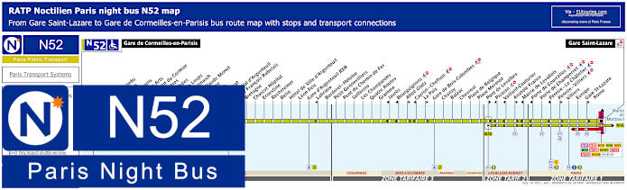 Paris Noctilien night bus line N52 map with stops and connections