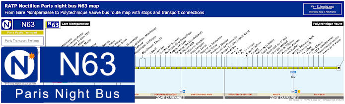 Paris Noctilien night bus line N63 map with stops and connections