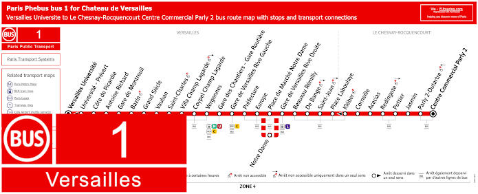 Paris Phebus bus 1 map Versailles with stops and connections