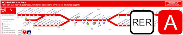RER A train map with line branches, connections and zones