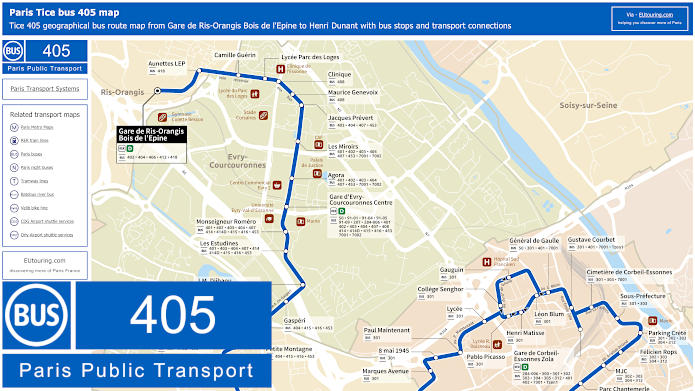 Paris Tice bus 405 map Gare de Ris-Orangis Bois de l'Epine to Henri Dunant