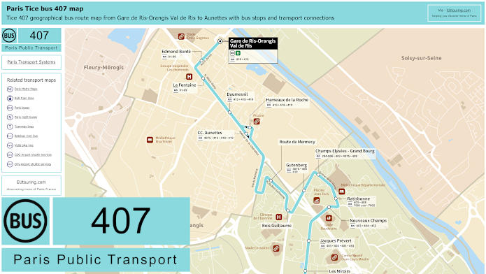 Paris Tice bus 407 map Gare de Ris-Orangis Val de Ris to Aunettes
