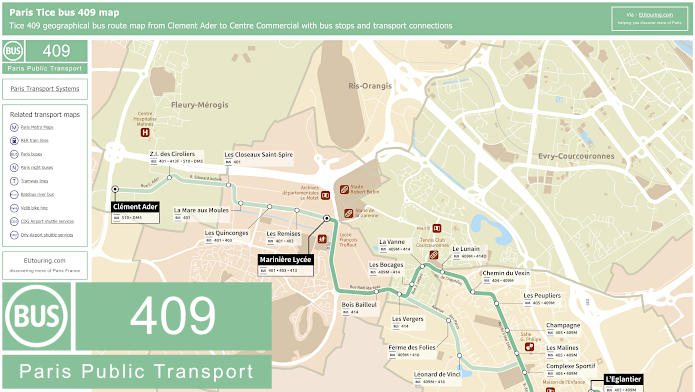 Paris Tice bus 409 map Clement Ader to Centre Commercial