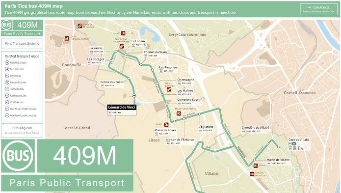 Paris Tice bus 409M map Leonard de Vinci to Lycee Marie Laurencin