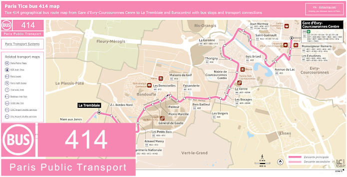 Paris Tice bus 414 map Gare d'Evry-Courcouronnes Cenre to La Tremblaie and Eurocontrol