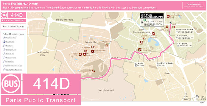 Paris Tice bus 414D map Gare d'Evry-Courcouronnes Centre to Parc de Treville