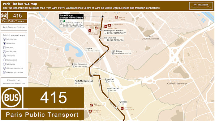 Paris Tice bus 415 map Gare d'Evry-Courcouronnes Centre to Gare de Villabe