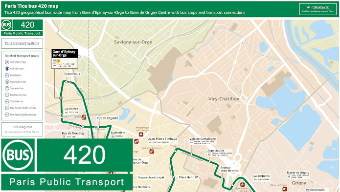 Paris Tice bus 420 map Gare d'Epinay-sur-Orge to Gare de Grigny Centre