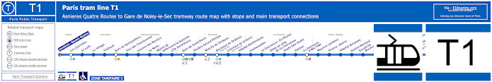 Paris tram T1 map with stations, connections and zones