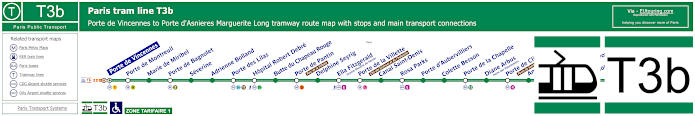 Paris tram T3b map with stations, connections and zones