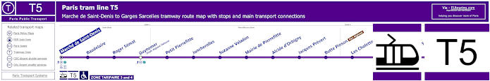 Paris tram T5 map with stations, connections and zones