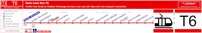 Paris tram T6 map with stations, connections and zones