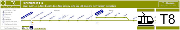 Paris tram T8 map with stations, connections and zones