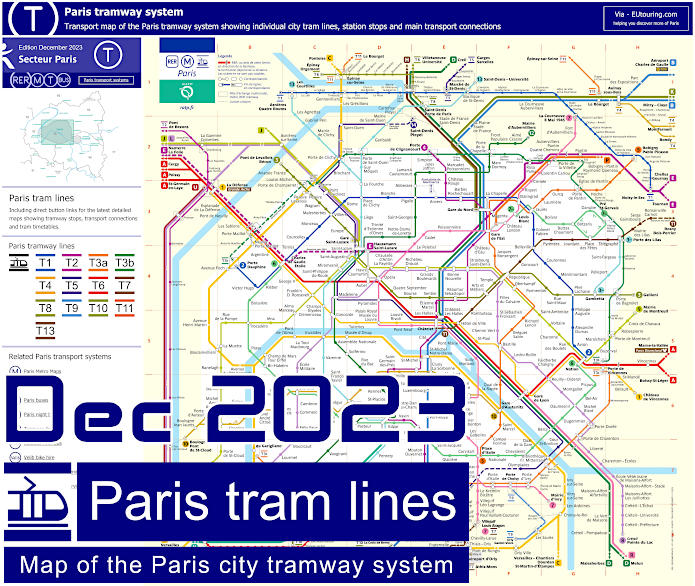 Paris tramway map of lines with stops and connections