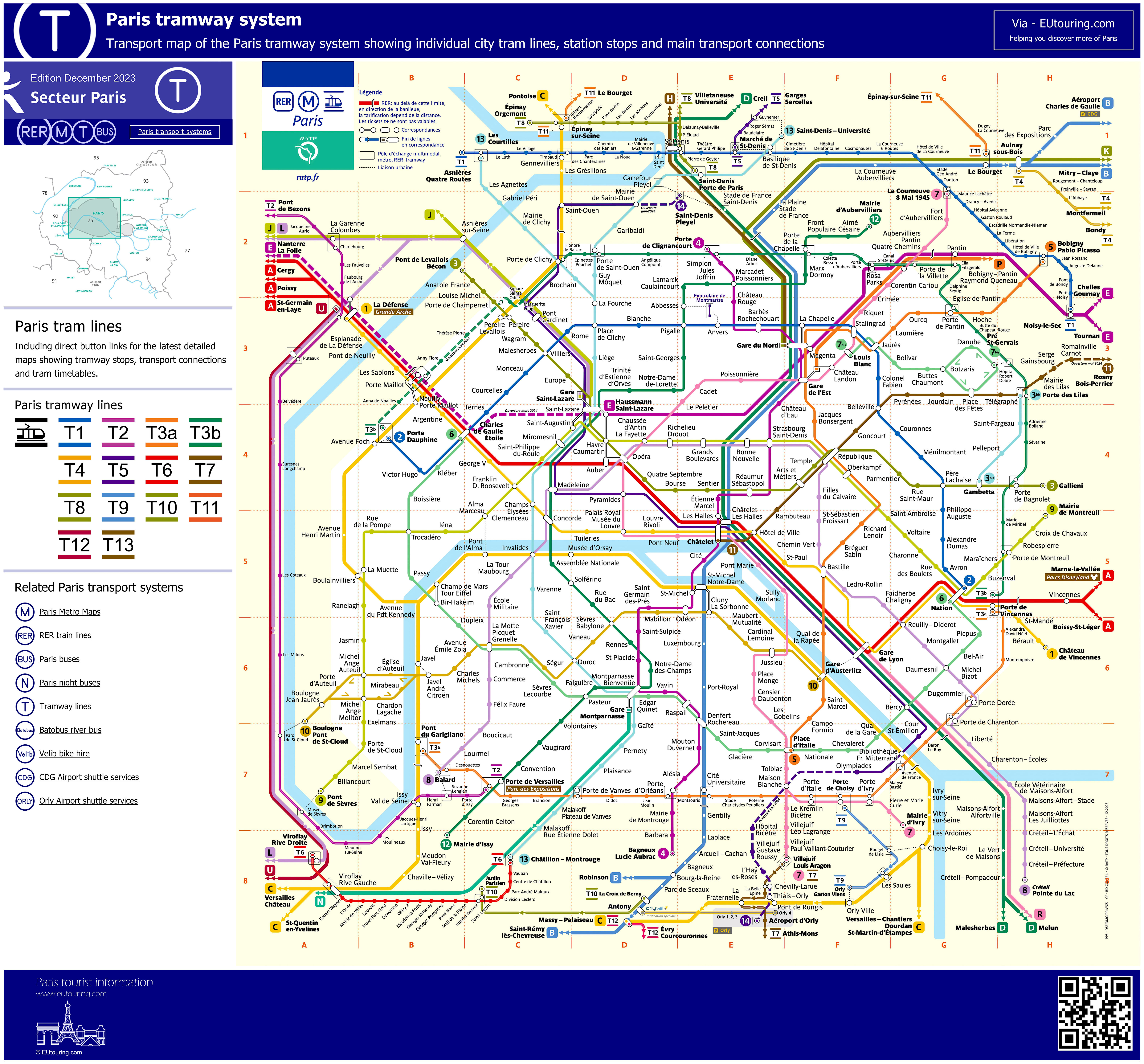 Paris tram maps and timetables for SNCF and RATP city tramways