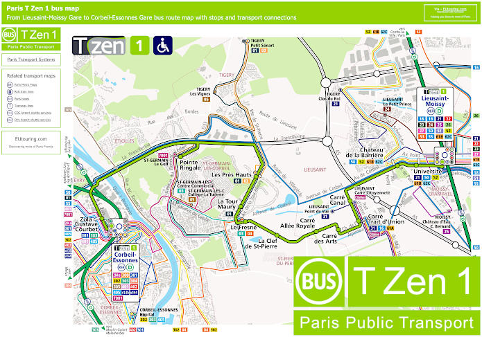 Paris T Zen 1 Bus Line Map With Stops, Connections And Street Plan