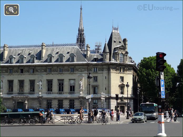 Building architecture, statues and turret at Place Saint Michel