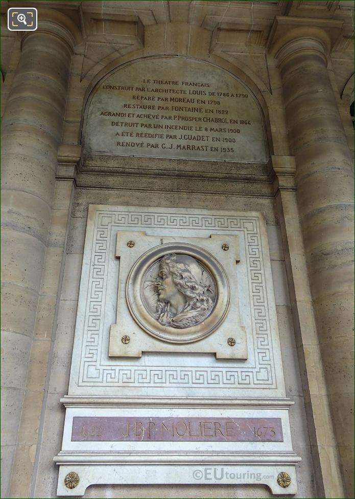 Comedie Francaise facade and Moliere sculpture in Paris