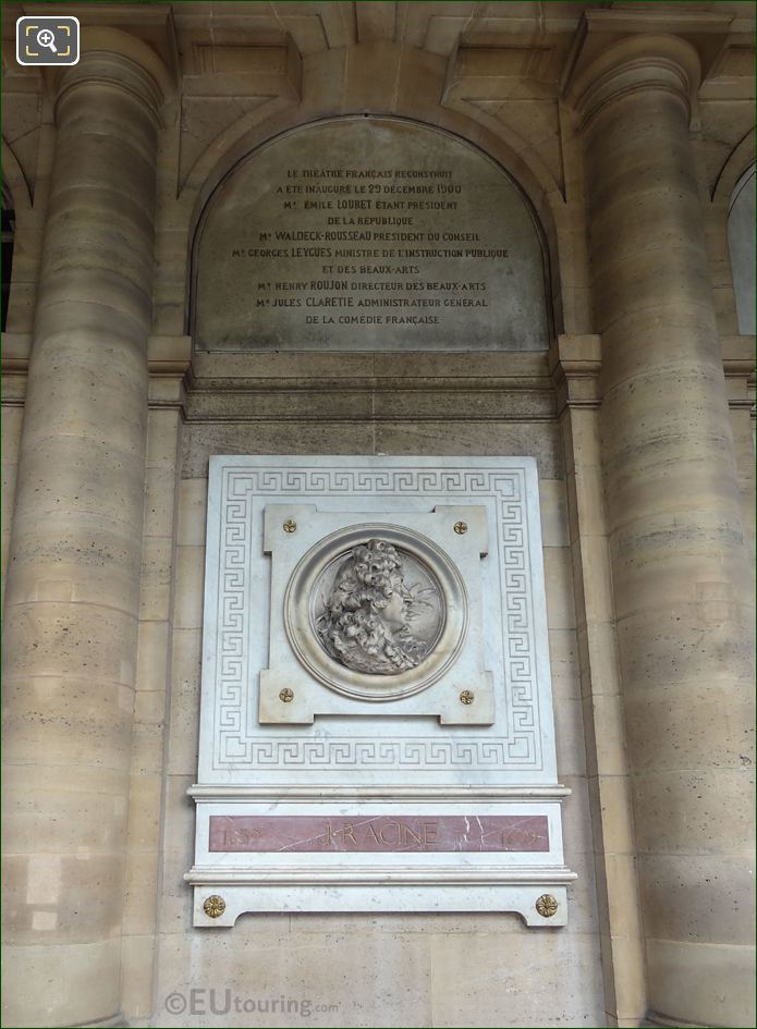 Comedie Francaise wall and Jean Racine medallion sculpture