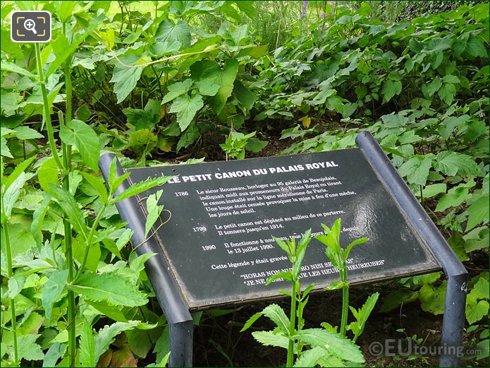 Tourist info plaque for Le Petit Canon at Palais Royal in Paris