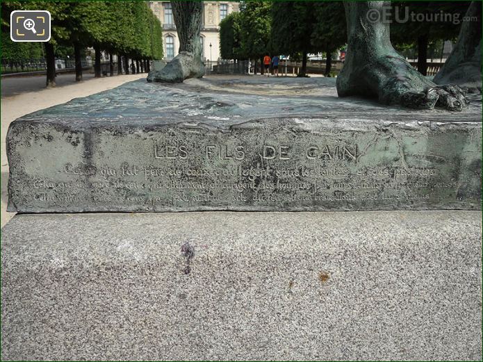 Bronze inscription on Les Fils de Cain statues base