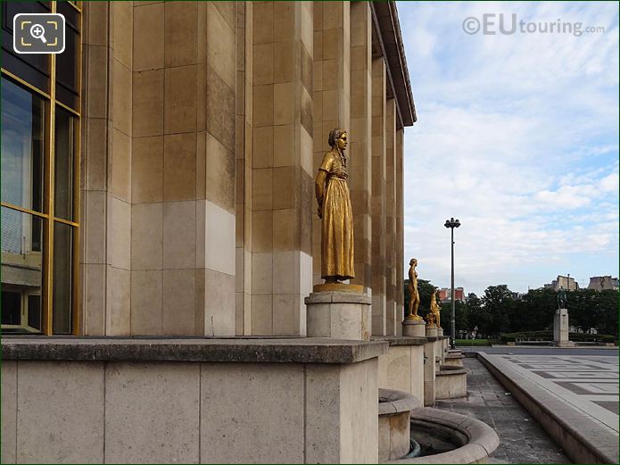 Bronze Les Fruits statue and Palais Chaillot SW wing