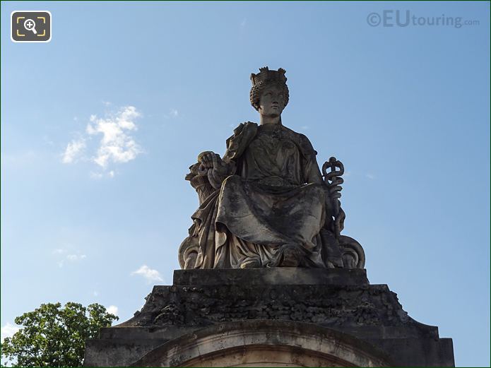 Front view of the female figure Lyon statue and crown