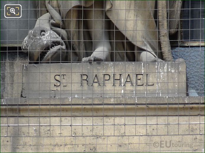 Saint Raphael inscription on statue pedestal