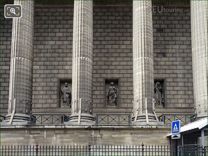 East portico of Eglise de la Madeleine and Sainte Agathe Statue