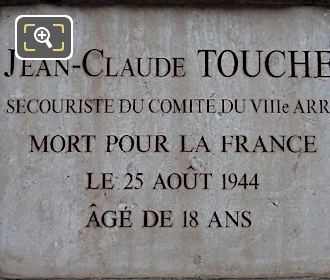 Jean-Claude Touche Memorial plaque facing Rue de Rivoli