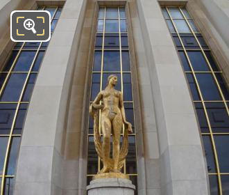 Panoramic of golden Flore statue Palais de Chaillot