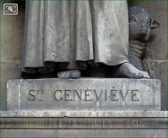 Saint Genevieve with a lamb and statue base inscription