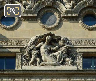 Round windows and statue group on Pavillon de Flore Nord