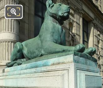 Porte Jaujard RHS lioness statue on stone base