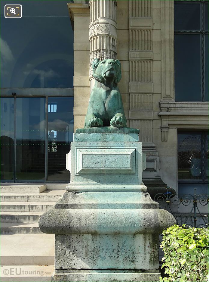Front of RHS lioness statue on stone base Porte Jaujard