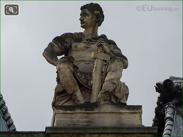 Right side Guerrier Assis statue, The Louvre, Pavillon de Tremoille N facade
