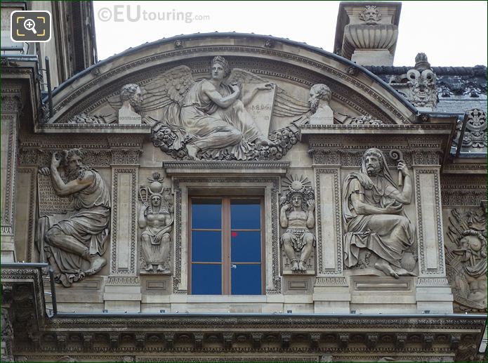 Aile Lemercier top window and Numa sculpture to right