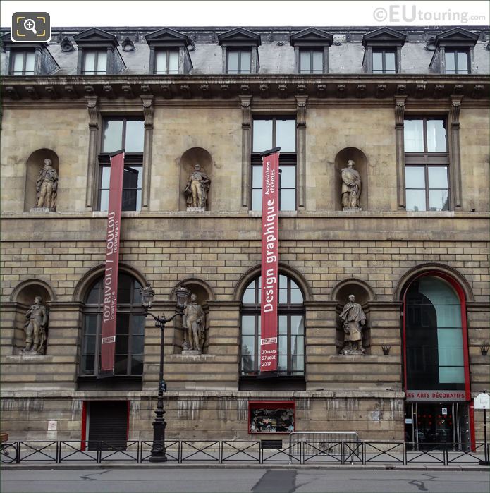 Aile de Rohan-Rivoli facade at The Louvre with Damremont statue