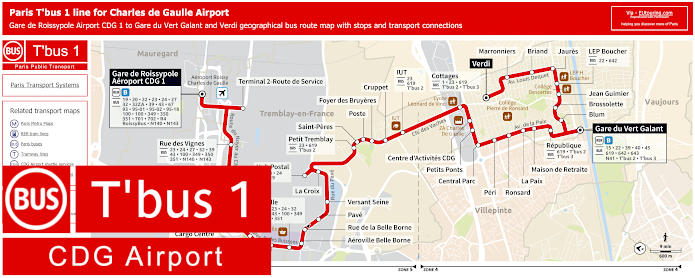 Paris T'bus 1 map Airport CDG 1 to Gare du Vert Galant and Verdi