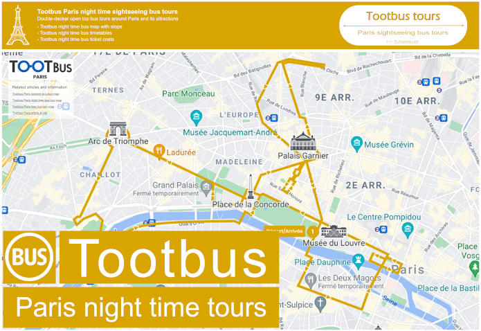 Tootbus Paris night time sightseeing bus tour map