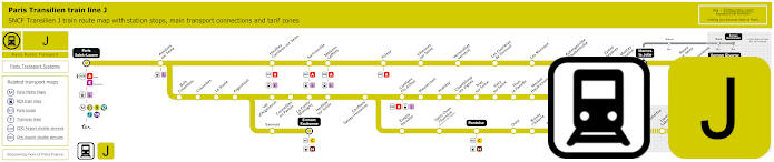 Transilien train line J map with line branches, connections and zones