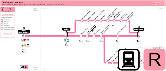 Transilien train line R map with line branches, connections and zones