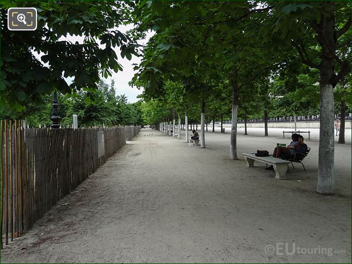 Allee des Feuillants stone benches in Jardin des Tuileries looking NW