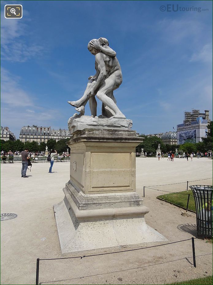View from Demi-lune Reserve Sud past 1800s statue in Jardin des Tuileries