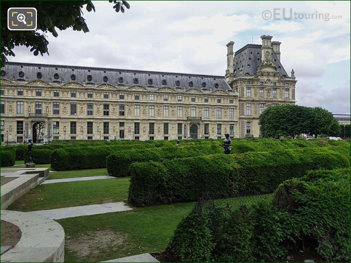 Jardin du Carrousel boxwood hedges in Tuileries Gardens looking SSW to The Louvre