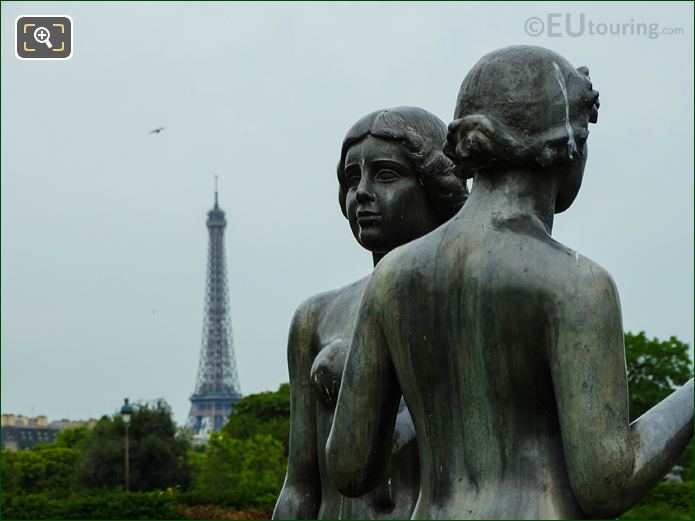 View SW to Eiffel Tower with Three Graces statue, Tuileries Gardens